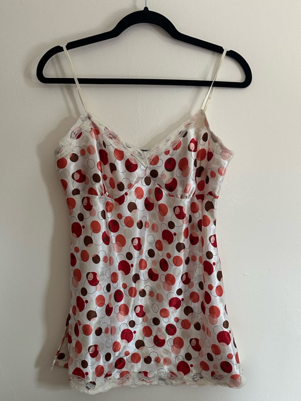 Vintage Y2K Aqua Blues Satin Camisole Tank Top, Polka Dot, Lace, Large
